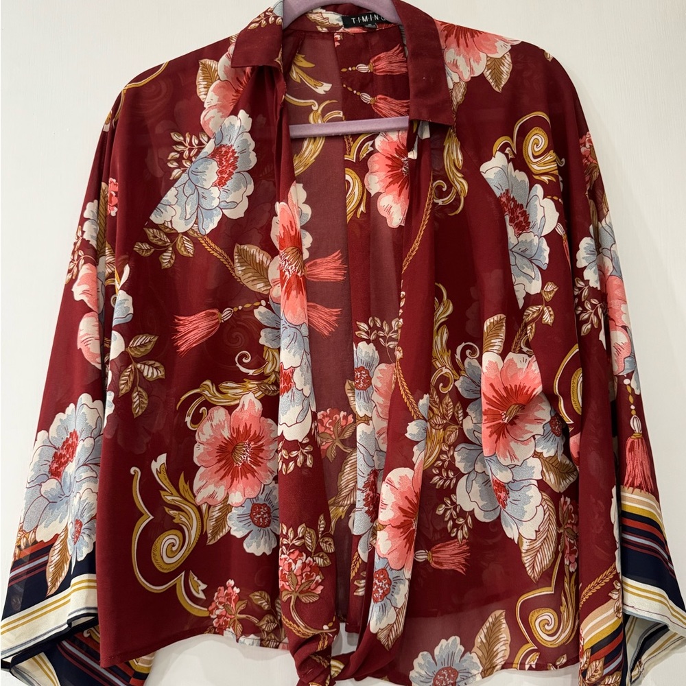 Timing Burgundy Floral Sheer Shrug Blouse